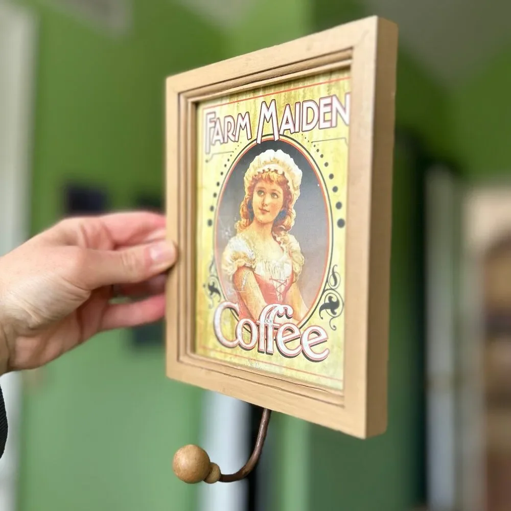 VTG Unique Folklore Farm Maiden Coffee Hanging Hook Sign Accent